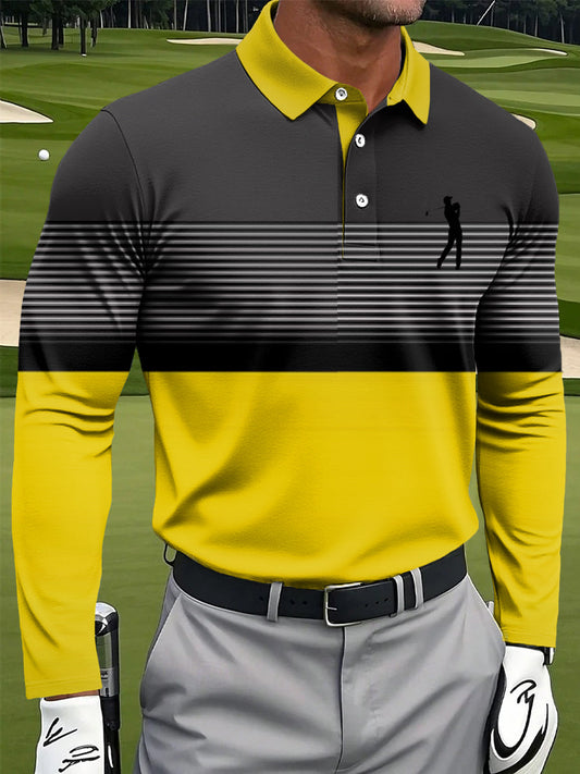 Męska koszulka polo z długim rękawem w geometryczne paski w stylu retro z nadrukiem artystycznym