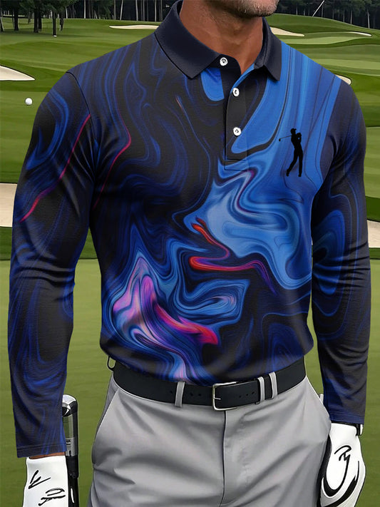 Męska koszulka polo z długim rękawem w stylu retro z marmuru w stylu Art Print Casual Business