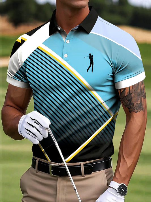 Męska koszulka polo z gradientu golfowego nieregularna linia artystyczna z nadrukiem swobodnym
