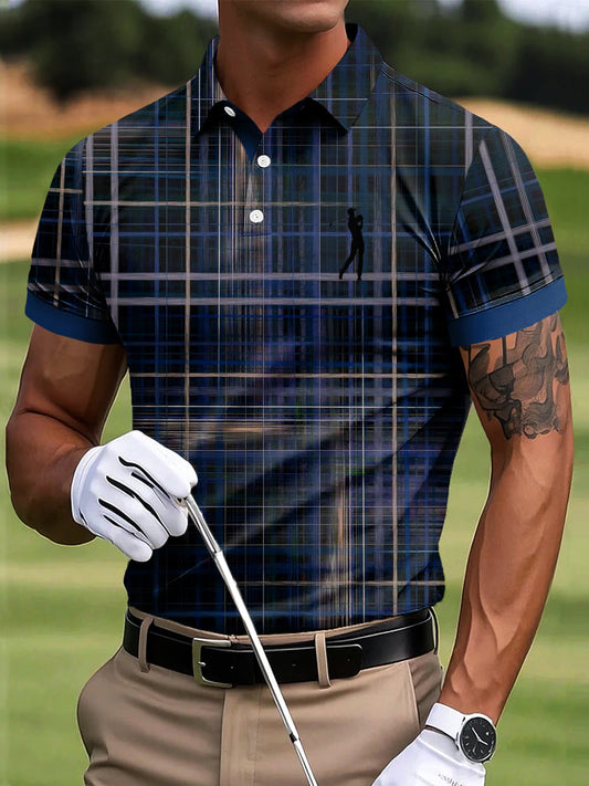 Męska klasyczna koszulka polo w kratkę z nadrukiem artystycznym Casual Business