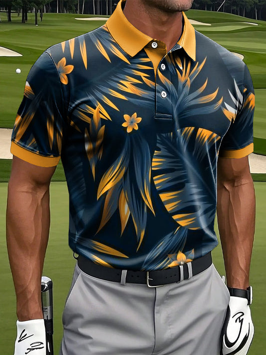 Męska hawajska koszulka polo z motywem tropikalnych liści palmowych w stylu casual