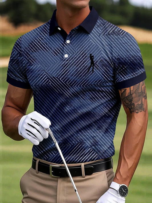 Męska koszulka golfowa, abstrakcyjny geometryczny patchworkowy nadruk artystyczny, koszulka biznesowa na co dzień