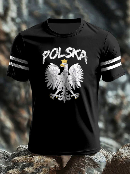 Retro polski biały orzeł w paski Patchwork Art Print Casual T-Shirt