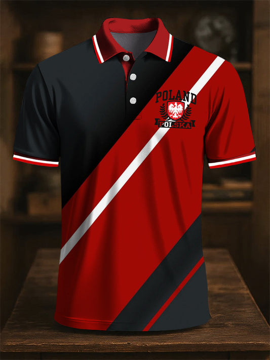 Retro polski emblemat orła w paski Patchwork Art Print Casual Business Polo Shirt