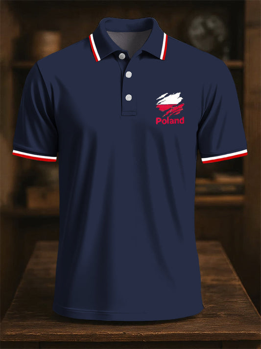Klasyczna patchworkowa koszulka polo z nadrukiem retro z polską flagą