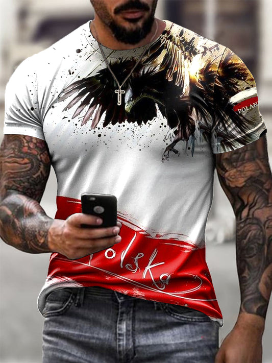 Męski Vintage Polski Orzeł Flaga Art Print Casual T-Shirt