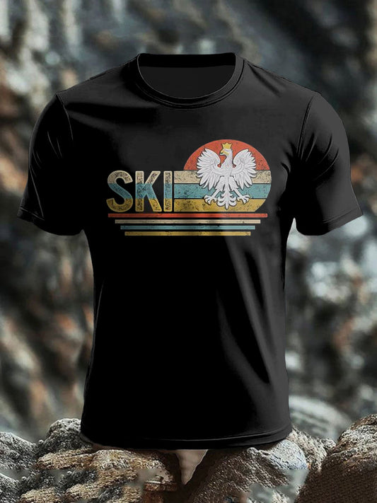 Retro Polski Orzeł SKI Kolorowy Vintage Art Print Casual T-Shirt