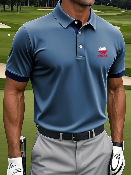 Męska koszulka polo biznesowa ze splecionym nadrukiem w stylu vintage z polską flagą