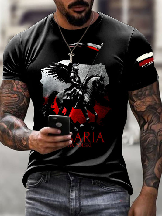 Męskie Vintage Polska Flaga Hussar Abstrakcyjny Nadruk Casual T-Shirt