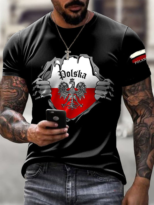 Męska koszulka z nadrukiem abstrakcyjnym w stylu vintage z polską flagą