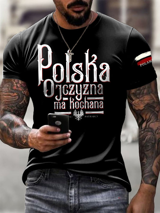 Męski Vintage Polski Urodzony Patriot Art Print Casual T-Shirt