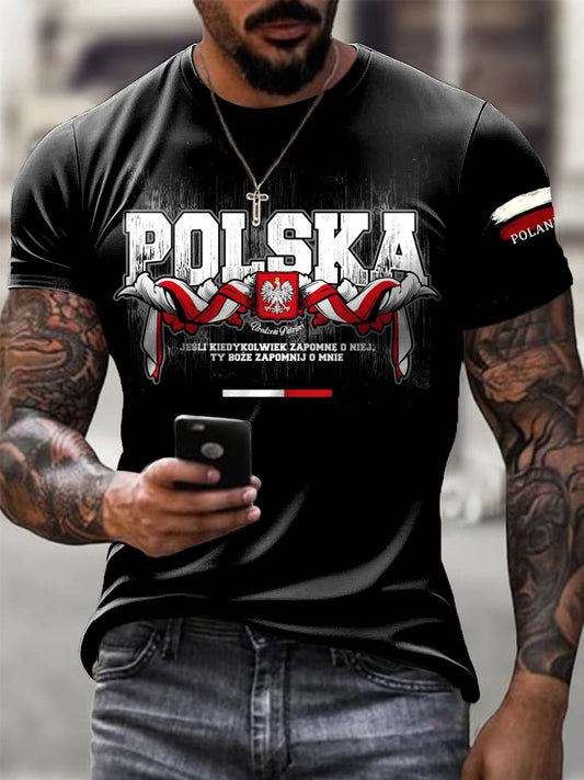 Męska koszulka z nadrukiem artystycznym w stylu vintage z polską flagą