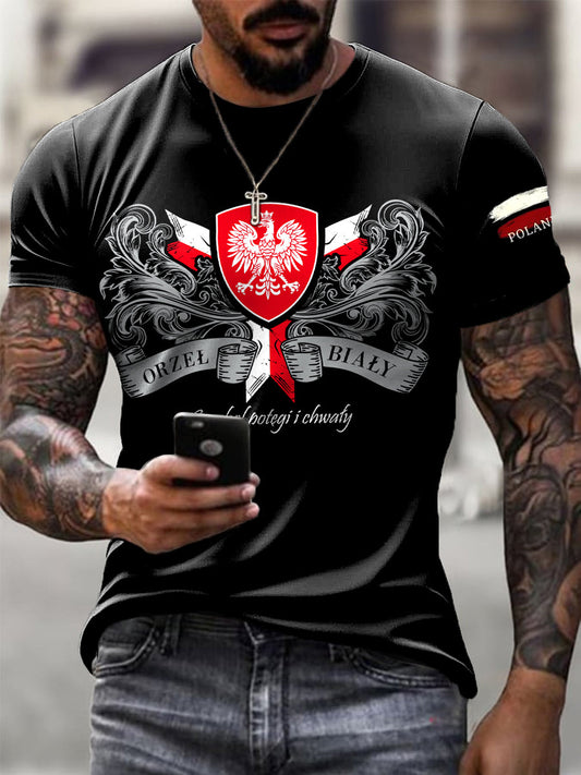 Męski Vintage Polski Orzeł Flaga Art Print Casual T-Shirt