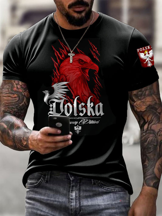 Męski Vintage Polski Orzeł Patriot Art Print Casual T-Shirt