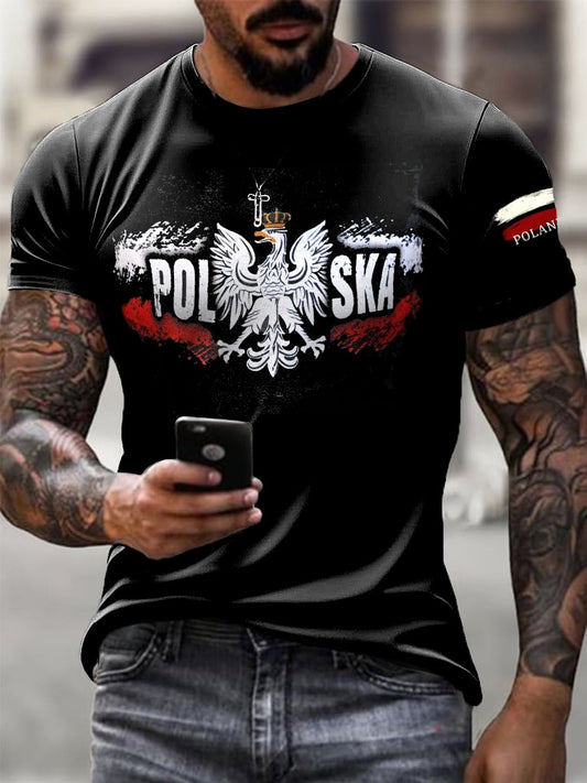 Męska koszulka w stylu vintage w stylu vintage Polska flaga Patriot Art Print Casual