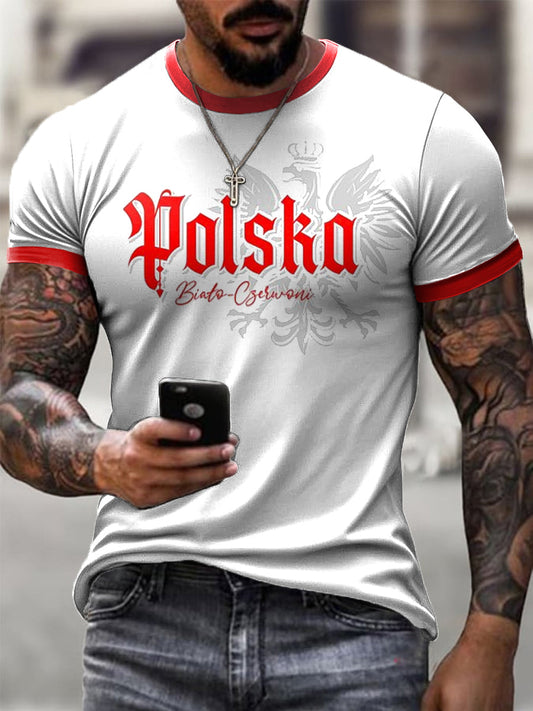 Męski Vintage Polski Orzeł Biały Abstrakcyjny Nadruk Casual T-Shirt