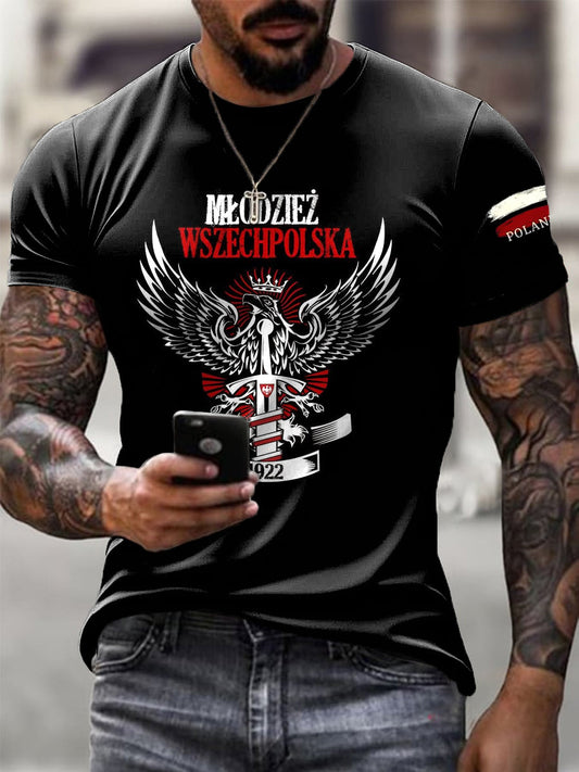 Męska koszulka z nadrukiem artystycznym przedstawiającym białą orlicę w stylu vintage