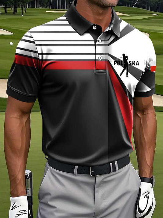 Męska koszulka polo w stylu vintage z nieregularnym paskiem z nadrukiem w stylu vintage