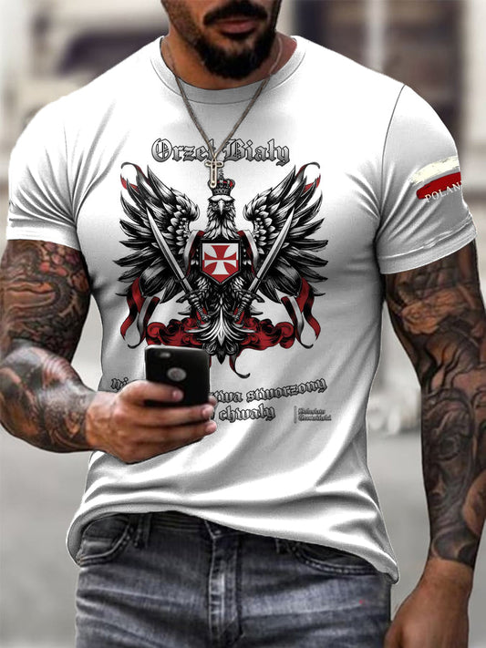 Męska koszulka casualowa z nadrukiem białego orła w stylu vintage
