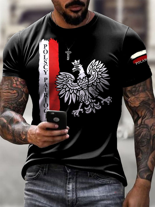 Męski Vintage Polski Flaga Orła Białego Patriot Art Print Casual T-Shirt