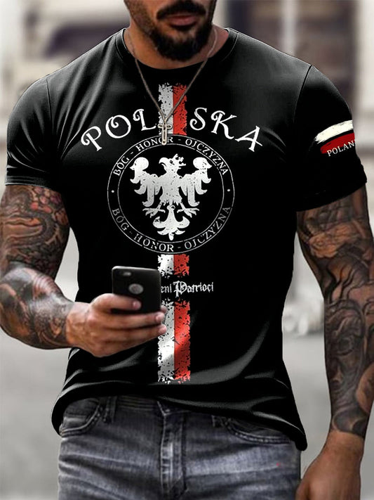 Męska koszulka w stylu vintage z polską flagą orła białego w stylu artystycznym
