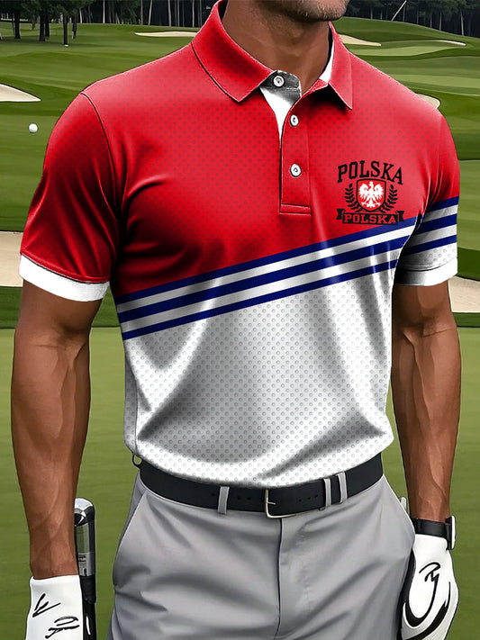 Męska koszulka polo w stylu vintage z polskim orłem w paski z nadrukiem artystycznym na co dzień