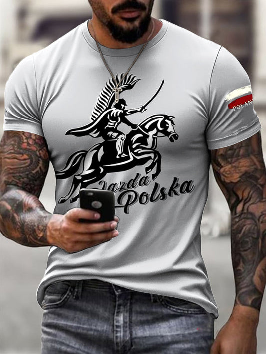 Męski Vintage Polski Hussar Abstrakcyjny Nadruk Casual T-Shirt