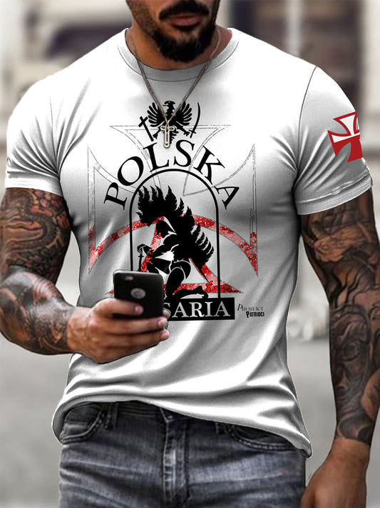 Męska koszulka w stylu vintage z polską flagą husarską abstrakcyjna koszulka Totem Art Print
