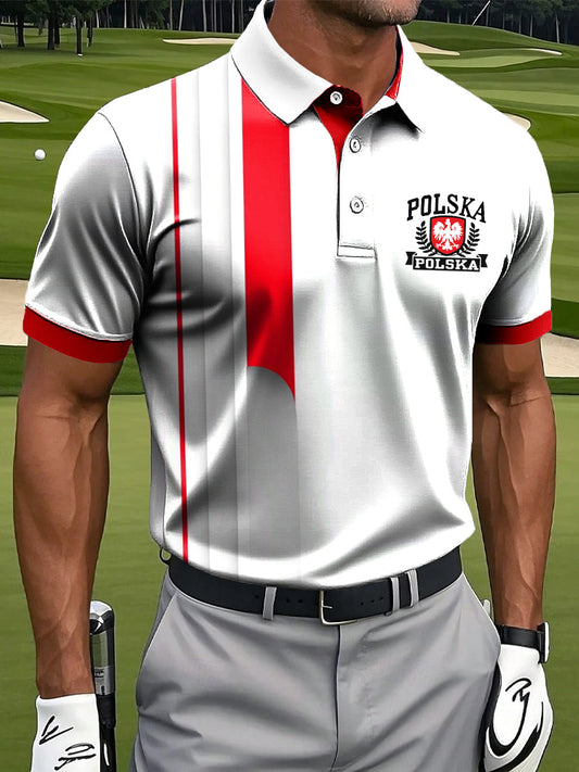 Męska koszulka polo biznesowa z nadrukiem w stylu vintage z polskim godłem Nieregularny pasek