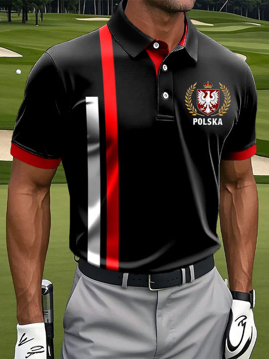Męska koszulka polo biznesowa z nadrukiem w stylu vintage z polskim godłem w paski
