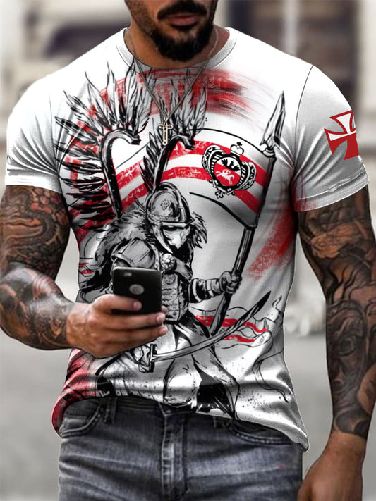 Męska koszulka w stylu vintage abstrakcyjna polska flaga husarska totem artystyczny nadruk casual