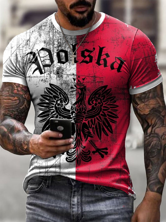 Męski Vintage Aged Polish White Eagle Spliced Art Print Casual T-Shirt
