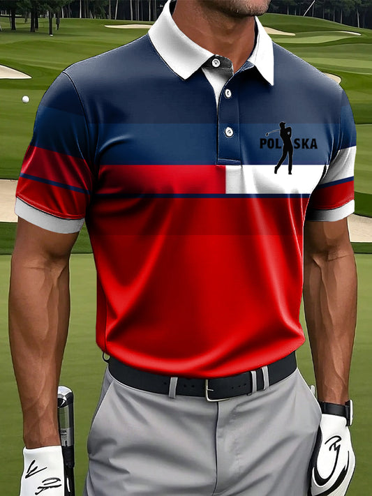 Męska koszulka polo w stylu vintage z polskim kolorowym wzorem Patchwork Art Casual Business Polo