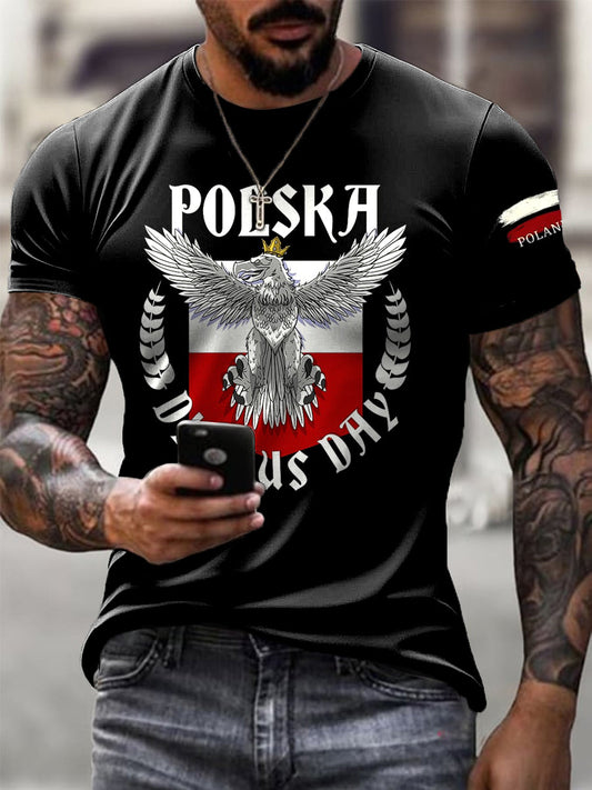Męskie Retro Polski Orzeł Flaga Art Print Casual T-Shirt