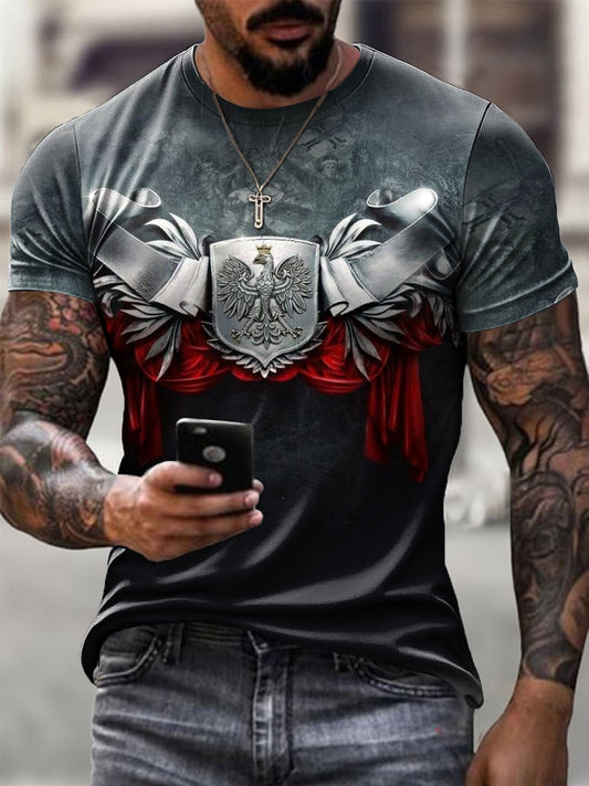 Męska koszulka casualowa z nadrukiem patchworkowym i motywem orła w stylu vintage