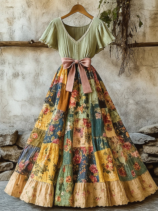 Damska retro wiejska kwiecista sukienka z nadrukiem w szpic z krótkim rękawem bawełniana sukienka maxi