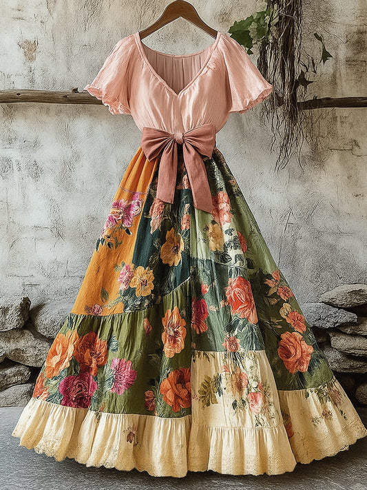 Damska retro wiejska kwiecista sukienka z nadrukiem w szpic z krótkim rękawem bawełniana sukienka maxi