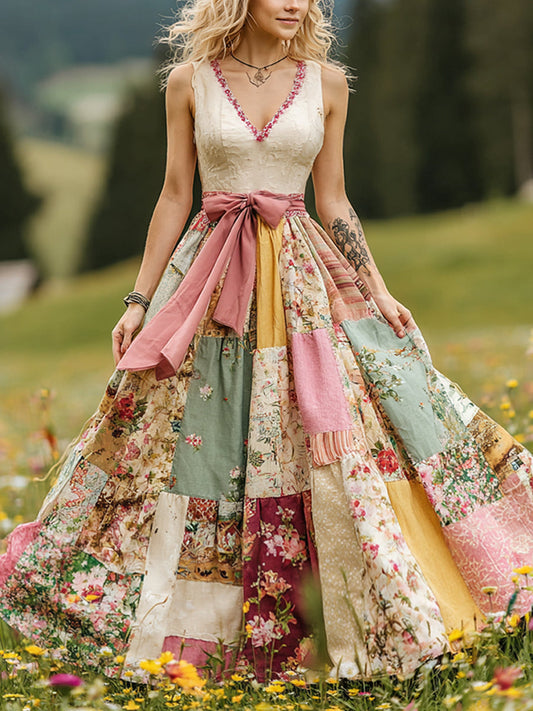 Retro wiejska sztuka kwiatowa z nadrukiem Vintage dekolt w szpic bez rękawów wygodna sukienka maxi