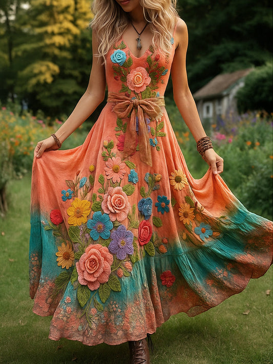 Retro wiejska sztuka kwiatowa z nadrukiem Vintage dekolt w szpic bez rękawów wygodna sukienka maxi