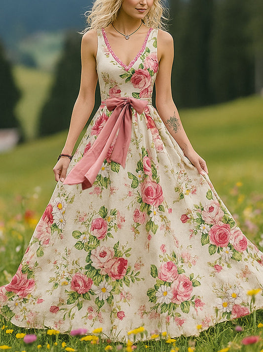 Retro wiejska sztuka kwiatowa z nadrukiem Vintage dekolt w szpic bez rękawów wygodna sukienka maxi