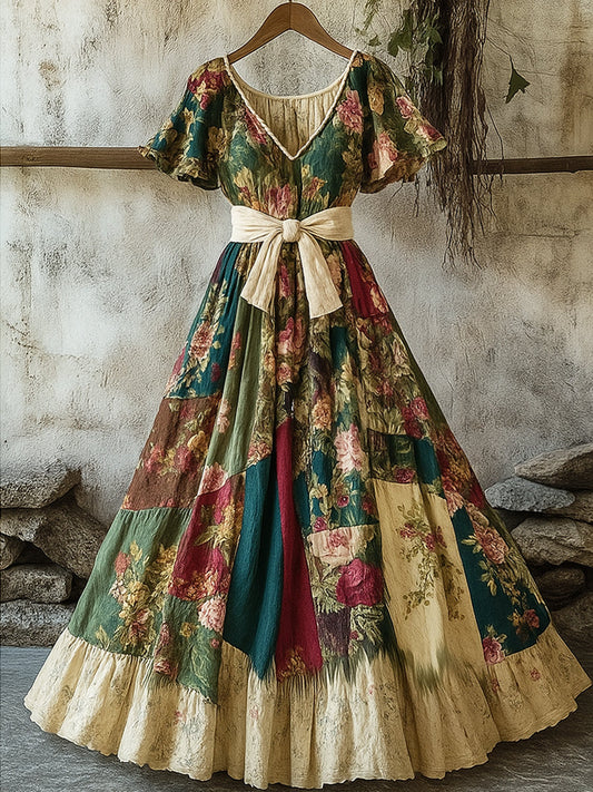 Damska retro wiejska kwiecista sukienka z nadrukiem w szpic z krótkim rękawem bawełniana sukienka maxi