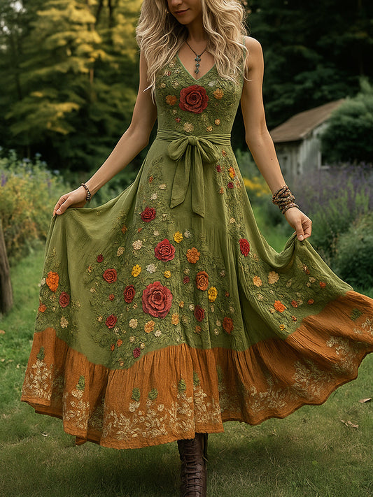 Retro wiejska sztuka kwiatowa z nadrukiem Vintage dekolt w szpic bez rękawów wygodna sukienka maxi