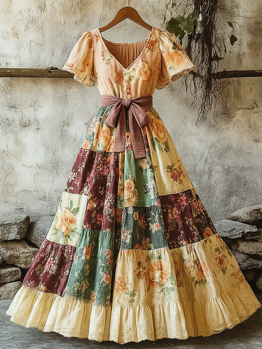 Damska retro wiejska kwiecista sukienka z nadrukiem w szpic z krótkim rękawem bawełniana sukienka maxi