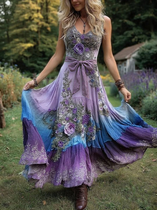 Retro wiejska sztuka kwiatowa z nadrukiem Vintage dekolt w szpic bez rękawów wygodna sukienka maxi