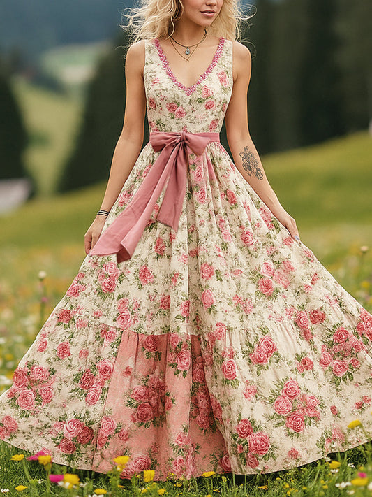 Retro wiejska sztuka kwiatowa z nadrukiem Vintage dekolt w szpic bez rękawów wygodna sukienka maxi