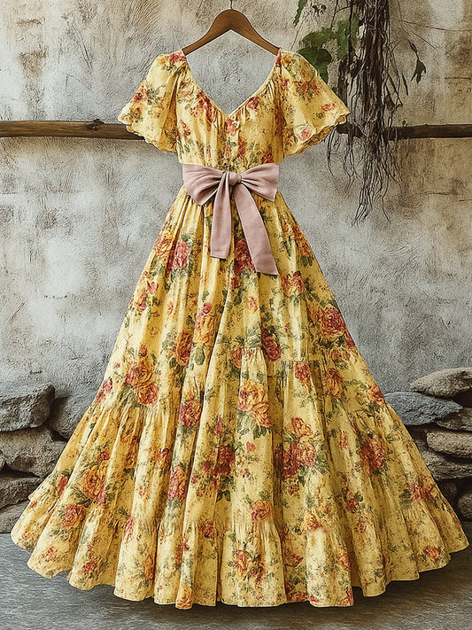 Damska retro wiejska kwiecista sukienka z nadrukiem w szpic z krótkim rękawem bawełniana sukienka maxi