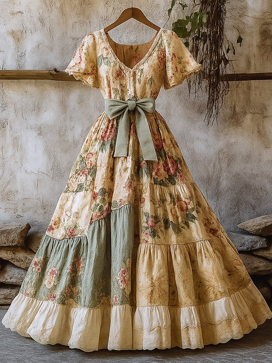 Damska retro wiejska kwiecista sukienka z nadrukiem w szpic z krótkim rękawem bawełniana sukienka maxi