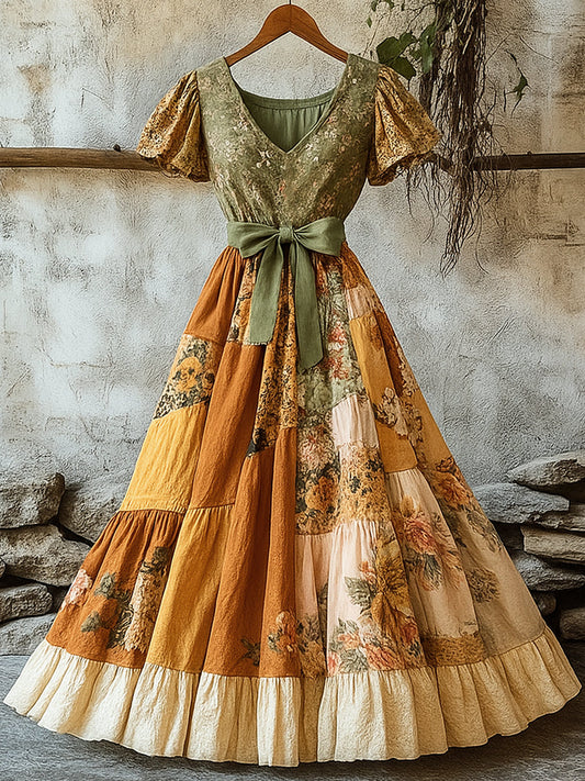 Damska retro wiejska kwiecista sukienka z nadrukiem w szpic z krótkim rękawem bawełniana sukienka maxi