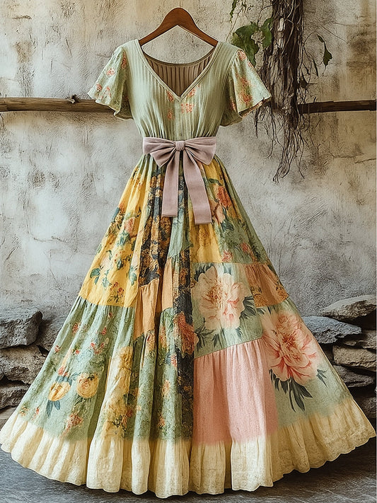 Damska retro wiejska kwiecista sukienka z nadrukiem w szpic z krótkim rękawem bawełniana sukienka maxi