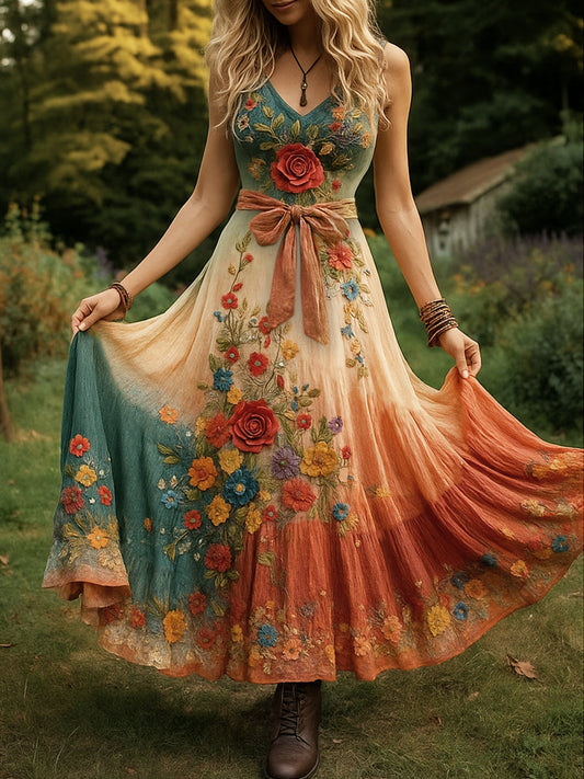 Retro wiejska sztuka kwiatowa z nadrukiem Vintage dekolt w szpic bez rękawów wygodna sukienka maxi